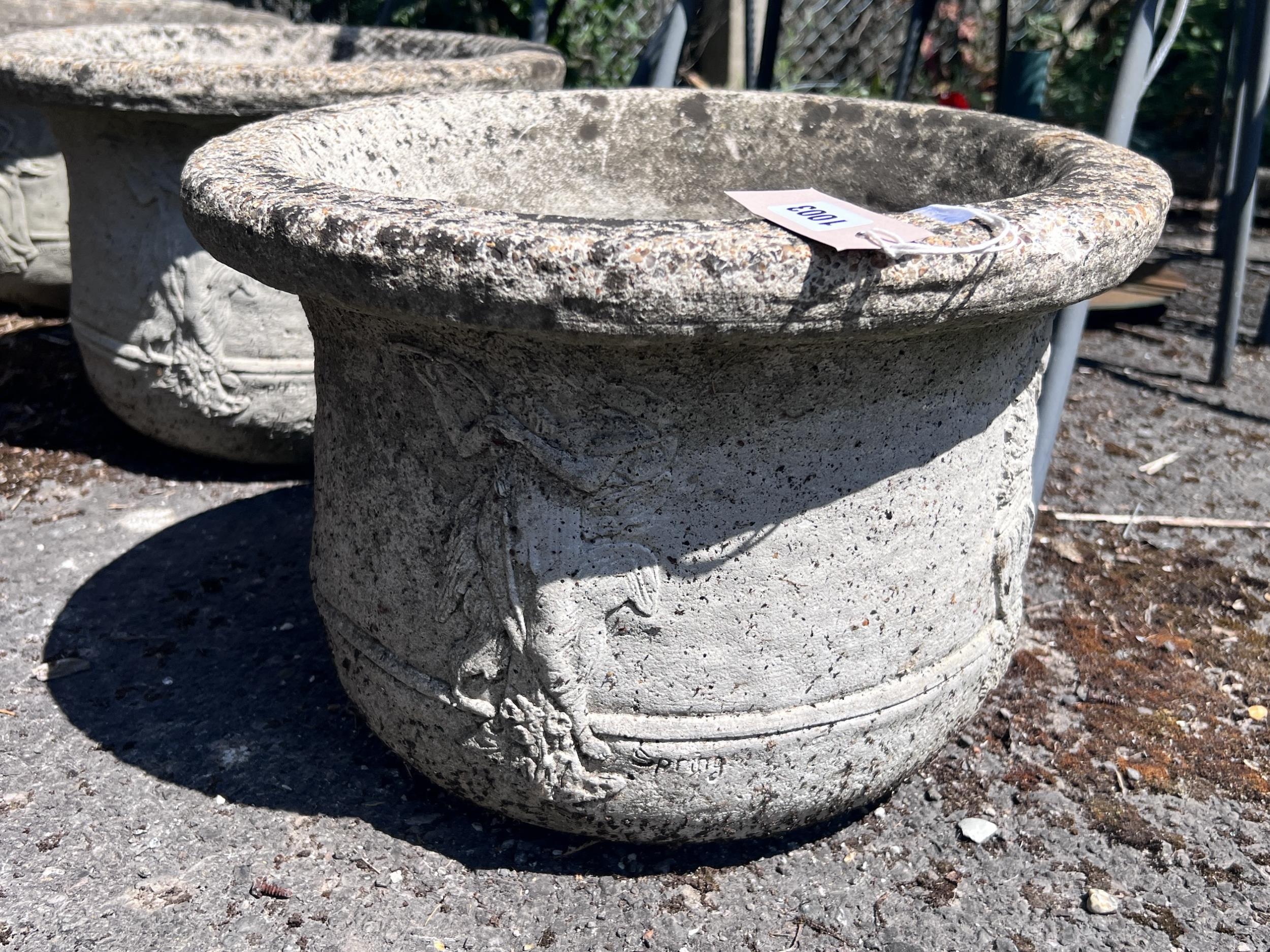 A set of four circular reconstituted stone garden planters, diameter 41cm, height 28cm - Image 7 of 8