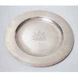 An Edwardian silver plate with engraved armorial, Hancocks & Co, London, 1907, 25.4cm, 14.4oz.