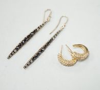 A modern pair of 14k yellow metal and two row diamond chip set half hoop earrings, 14mm, gross