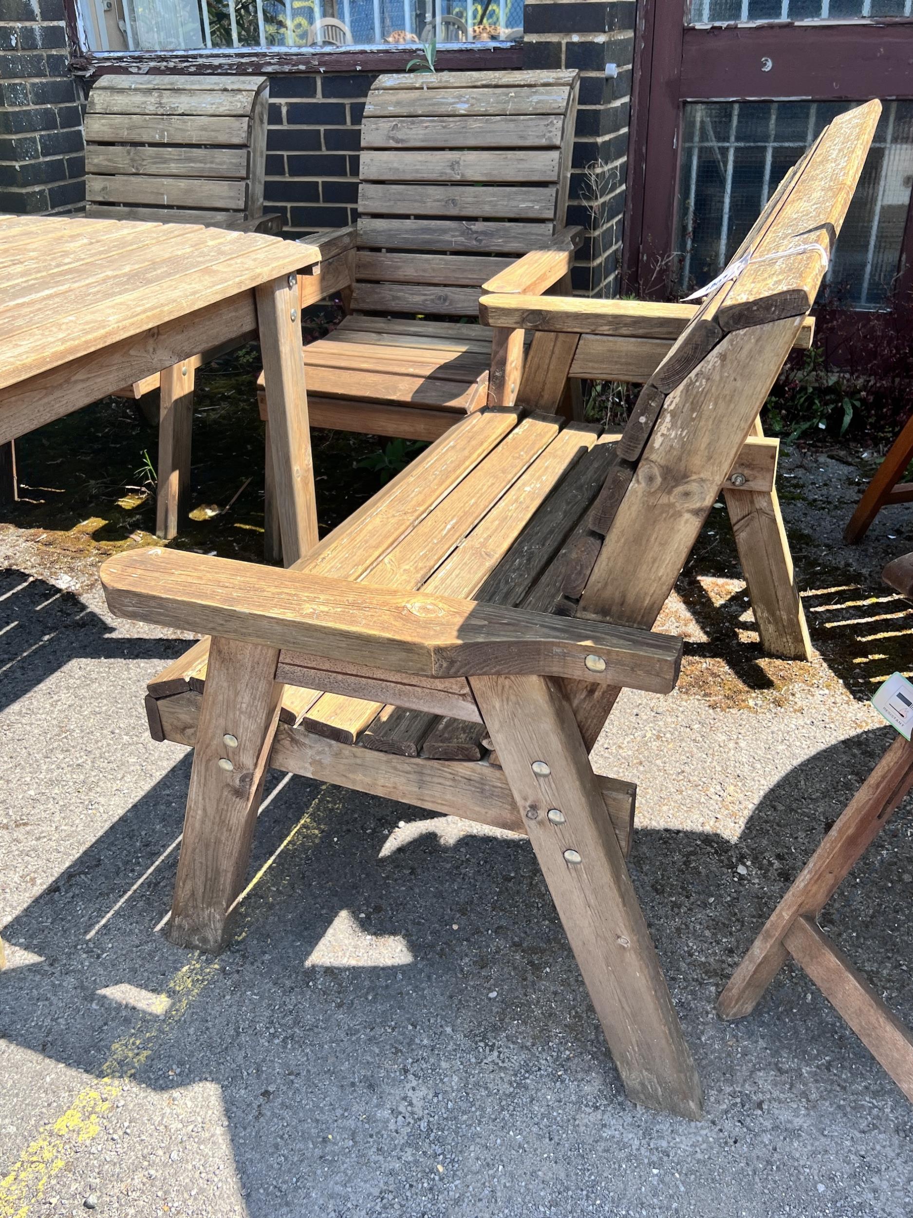 A rectangular slatted teak garden table, length 130cm, width 96cm, height 79cm, together with a pair - Image 9 of 10