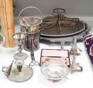 Three plated trays, a cased three piece mother of pearl handled cutlery set, etc.