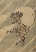 Hokusai, woodblock print, Figure holding a large sack, 18 x 12.5cm, unframed