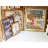 A framed Regency embroidery, two later figurative embroideries and a pair of embroidered slipper