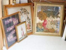 A framed Regency embroidery, two later figurative embroideries and a pair of embroidered slipper