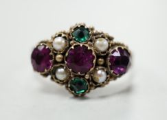 An early 20th century 9ct and coloured paste set ring, in the Suffragette colours, size N, gross