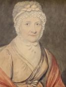 Late 18th century English School, watercolour, Portrait of Mrs Leighton of Abbeytheine (1731-