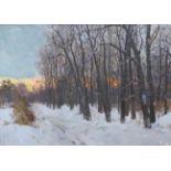 Russian School (1906-1984), oil on canvas, 'Winter woodland at sunset', inscribed verso and dated