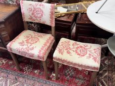 A reupholstered Coronation chair , the back applied with a George VI fabric remnant and an Elizabeth