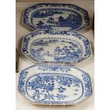 Three 18th century Chinese blue and white meat plates, largest, 41.5cm wide, 35cm deep (a.f.)