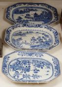 Three 18th century Chinese blue and white meat plates, largest, 41.5cm wide, 35cm deep (a.f.)