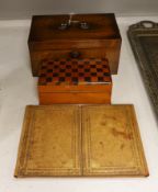 A George IV rosewood twin canister tea caddy, a chequer inlaid box and a leather blotter pad (3)