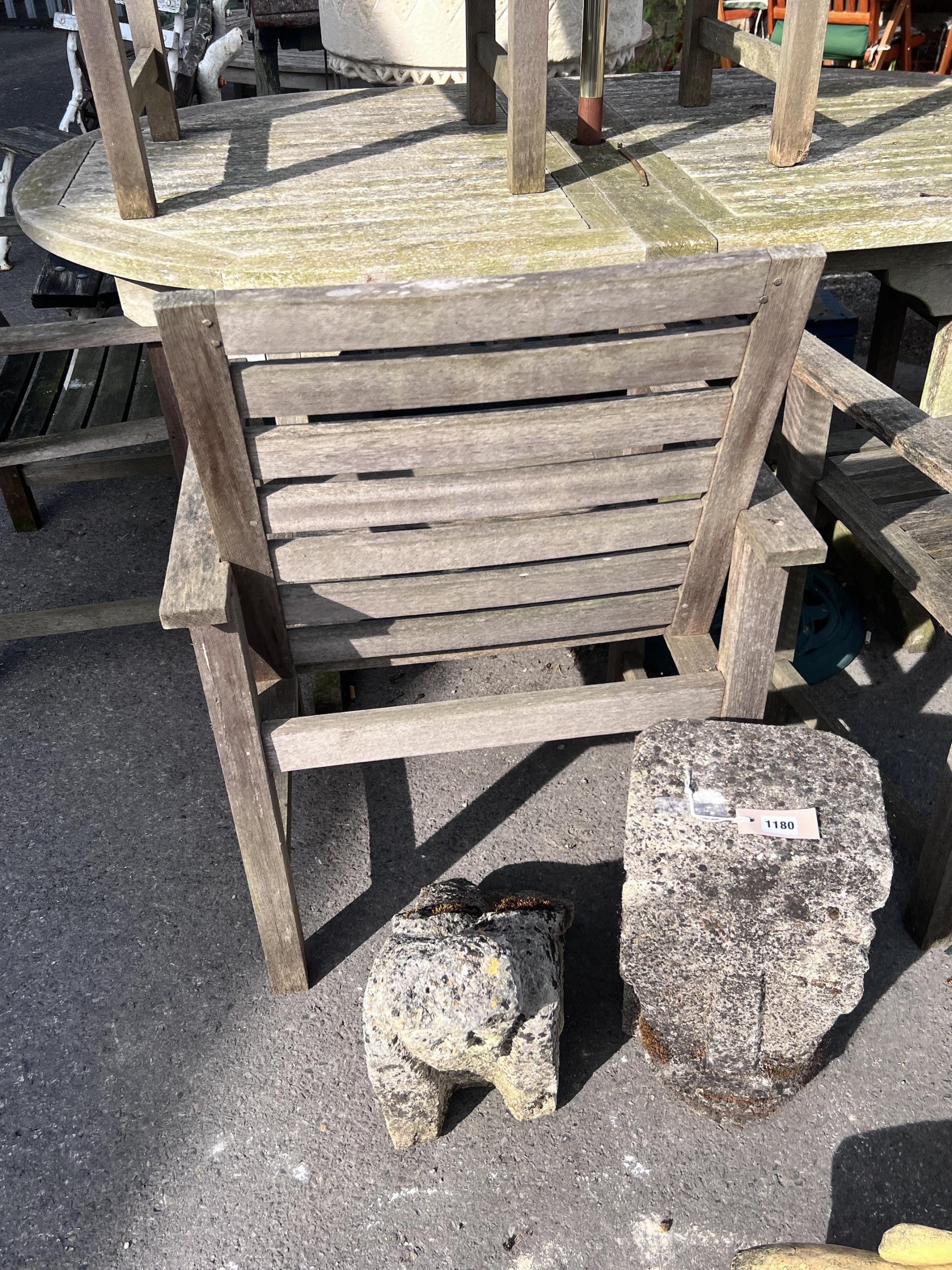 A weathered teak extending garden table, length 180cm, depth 110cm, height 76cm, together with six - Image 3 of 5