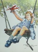Gilbert Wilkinson (1891-1965), ink and gouache, 'Girl on swing holding a toy aeroplane', signed with