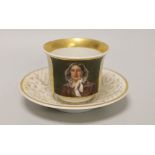 A Berlin KPM porcelain portrait painted cabinet cup and saucer, c.1847-9, 8.5cm high