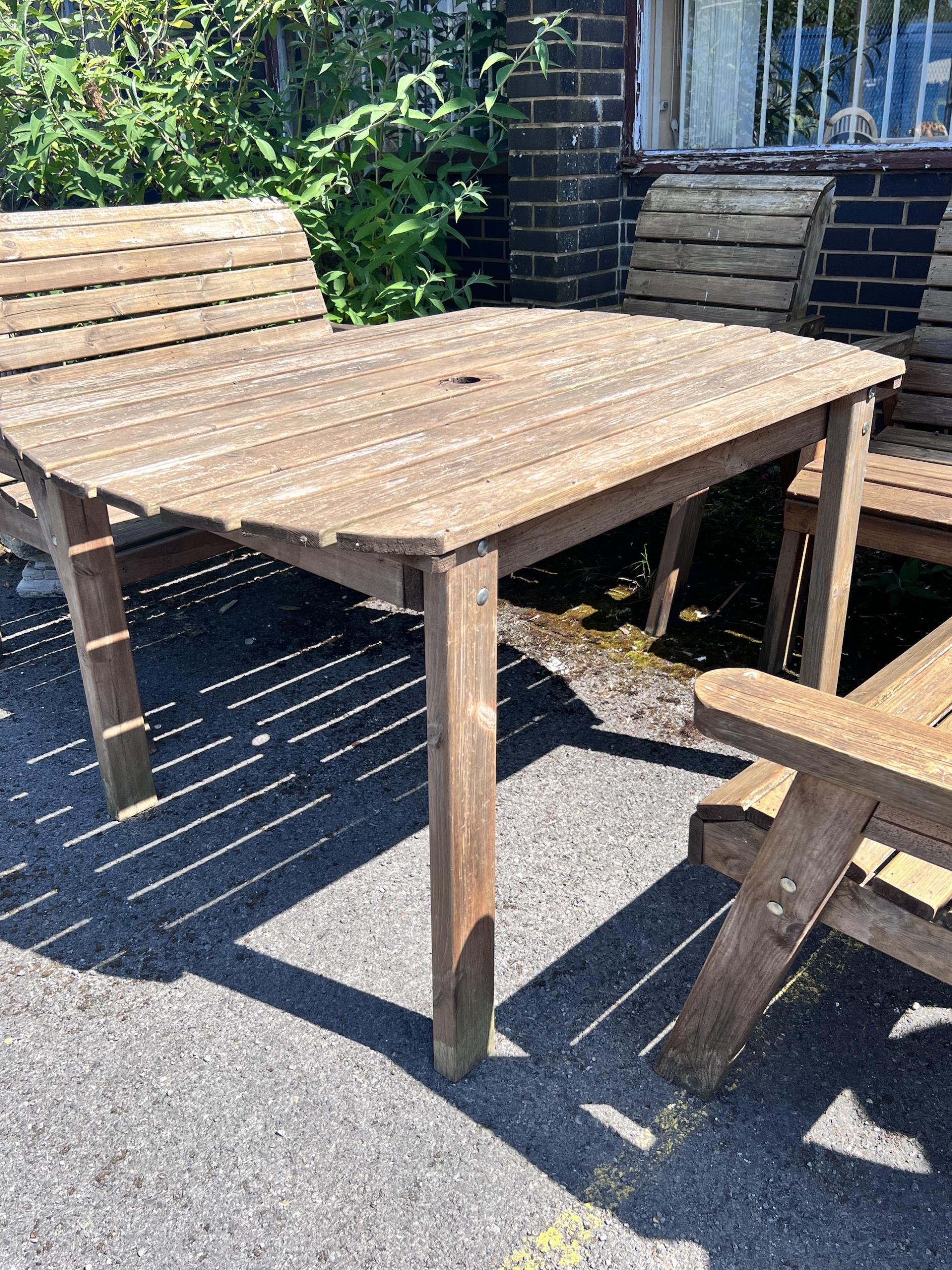 A rectangular slatted teak garden table, length 130cm, width 96cm, height 79cm, together with a pair - Image 10 of 10