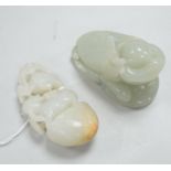 A Chinese green jade figure of a three legged toad and a Chinese pale celadon jade group of a
