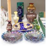 A quantity of enamelled and painted glassware and two carnival glass dishes