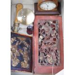 Miscellaneous items comprising a clock, a Moroccan dagger, two Chinese carvings and a crystal ball