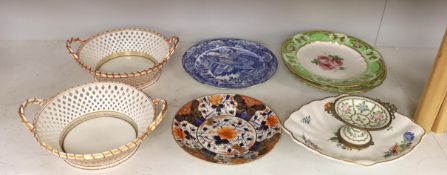 Two Minton baskets, a Herend plate and various 19th century plates and dessert dish (9)