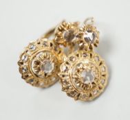 A pair of yellow metal and simulated rose cut diamond cluster set drop earrings, overall 21mm, gross