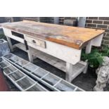 A vintage pine work bench with painted base, width 274cm, depth 80cm, height 93cm