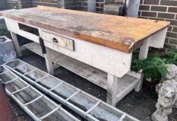 A vintage pine work bench with painted base, width 274cm, depth 80cm, height 93cm