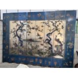 A Chinese lacquered eight fold screen decorated with exotic birds among flowering trees, each