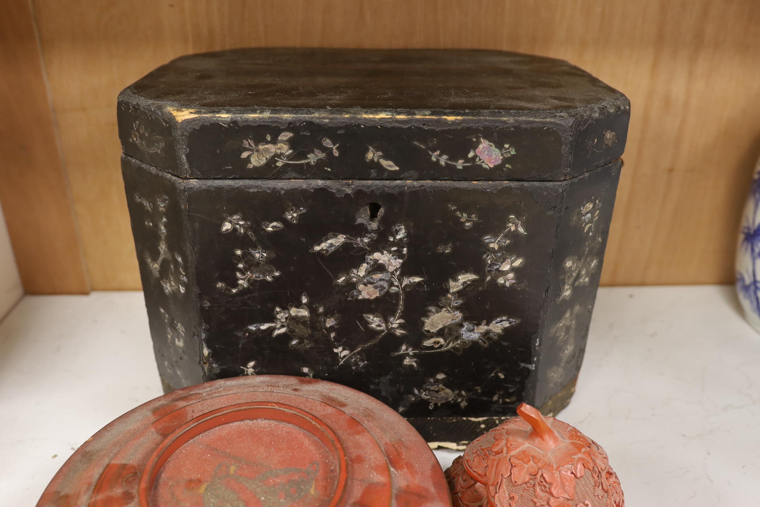 A Chinese black lacquer and mother of pearl box, two red lacquer boxes and a Chinoiserie painted - Image 4 of 4