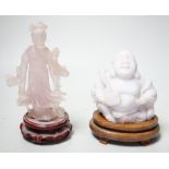 A Chinese jadeite figure of Budai, 11cm high and a rose quartz figure of a lady, wood stands