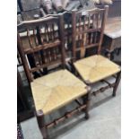 A harlequin set of six 19th century Lancashire ash and beach rush seat spindle back dining chairs