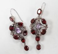 A pair of late 19th/early 20th century white metal and two colour paste cluster set drop earrings,