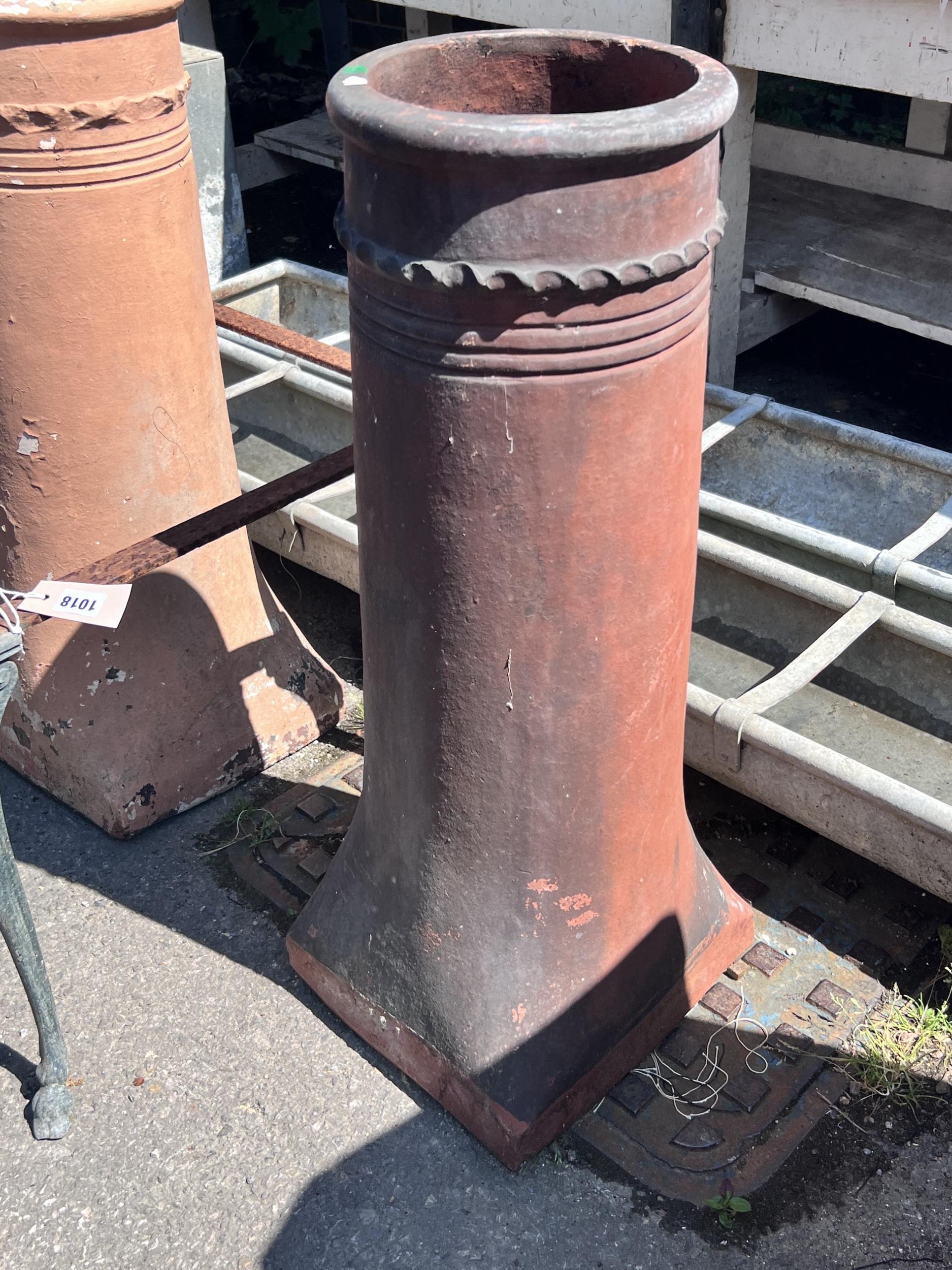 Two terracotta chimney pots, height 77cm, together with a square metal table frame - Image 6 of 8