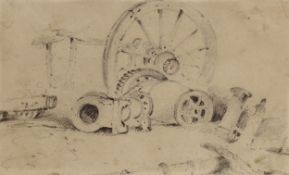 Attributed to Peter DeWint O.W.S. (1784-1849), pencil drawing, Still life of machinery, inscribed in