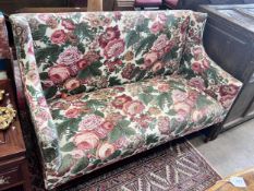 A small Victorian style floral fabric settee, length 128cm, depth 59cm, height 90cm