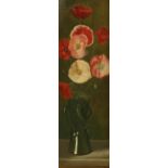 English School c.1920, oil on board, Still life of poppies in an art pottery vase, 56 x 18cm