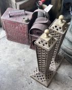 A vintage Shell petrol can, a road lamp, two shell cases and two brass lidded holders