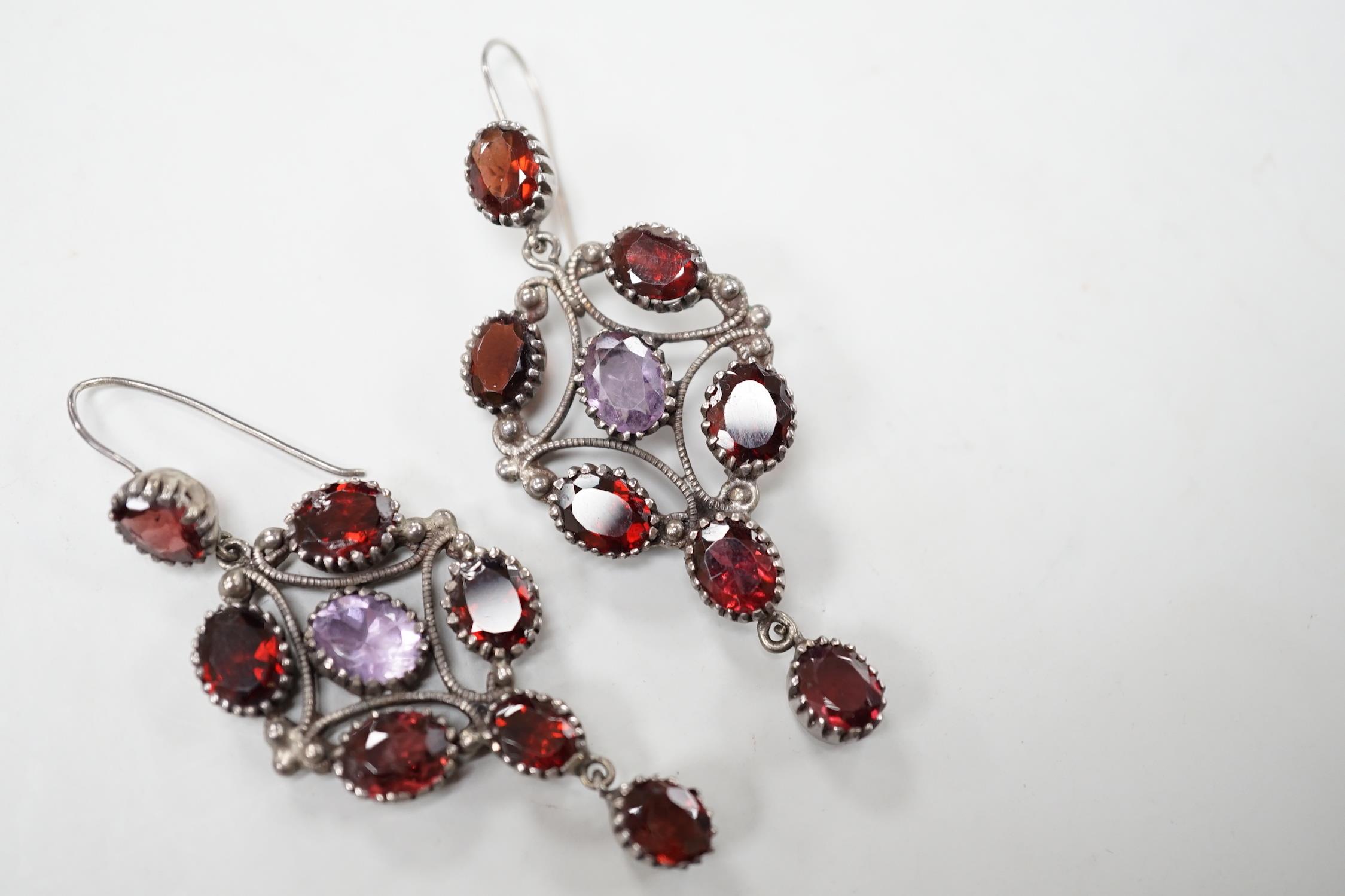 A pair of late 19th/early 20th century white metal and two colour paste cluster set drop earrings, - Image 3 of 4