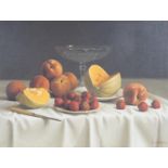 Reza Samimi (Iranian 1919-1991), oil on canvas, Still life of fruit on a table top, signed, 46 x