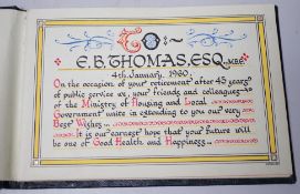 An Autograph book presented to EB Thomas esquire MBE, 4 January 1960 on the occasion of his