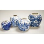 An 18th century Chinese blue and white Prunus jar and three 19th century Chinese blue and white