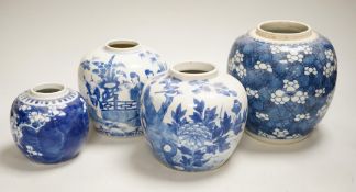 An 18th century Chinese blue and white Prunus jar and three 19th century Chinese blue and white