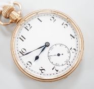 A George V 9ct gold keyless open face pocket watch, with Arabic dial and subsidiary seconds, cased