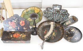 A Victorian papier mache candle box, two crumb scoops and four other items