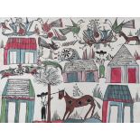 Mexican School, ink and watercolour, Figures and farm animals, Portal Gallery label verso with