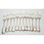 A set of twelve George III silver fiddle pattern table forks, William Eaton? London, 1812,14/15,