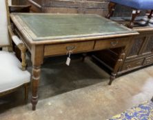 A Victorian mahogany two drawer writing table, width 121cm, depth 74cm, height 76cm