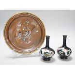 A Japanese bronze abalone inlaid dish and a pair of Japanese cloisonné vases enamelled with dragons,