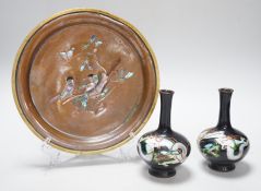 A Japanese bronze abalone inlaid dish and a pair of Japanese cloisonné vases enamelled with dragons,