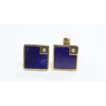 A modern pair of 9ct gold, lapis lazuli and diamond set square cufflinks, 16mm, gross weight 8.9