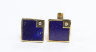 A modern pair of 9ct gold, lapis lazuli and diamond set square cufflinks, 16mm, gross weight 8.9